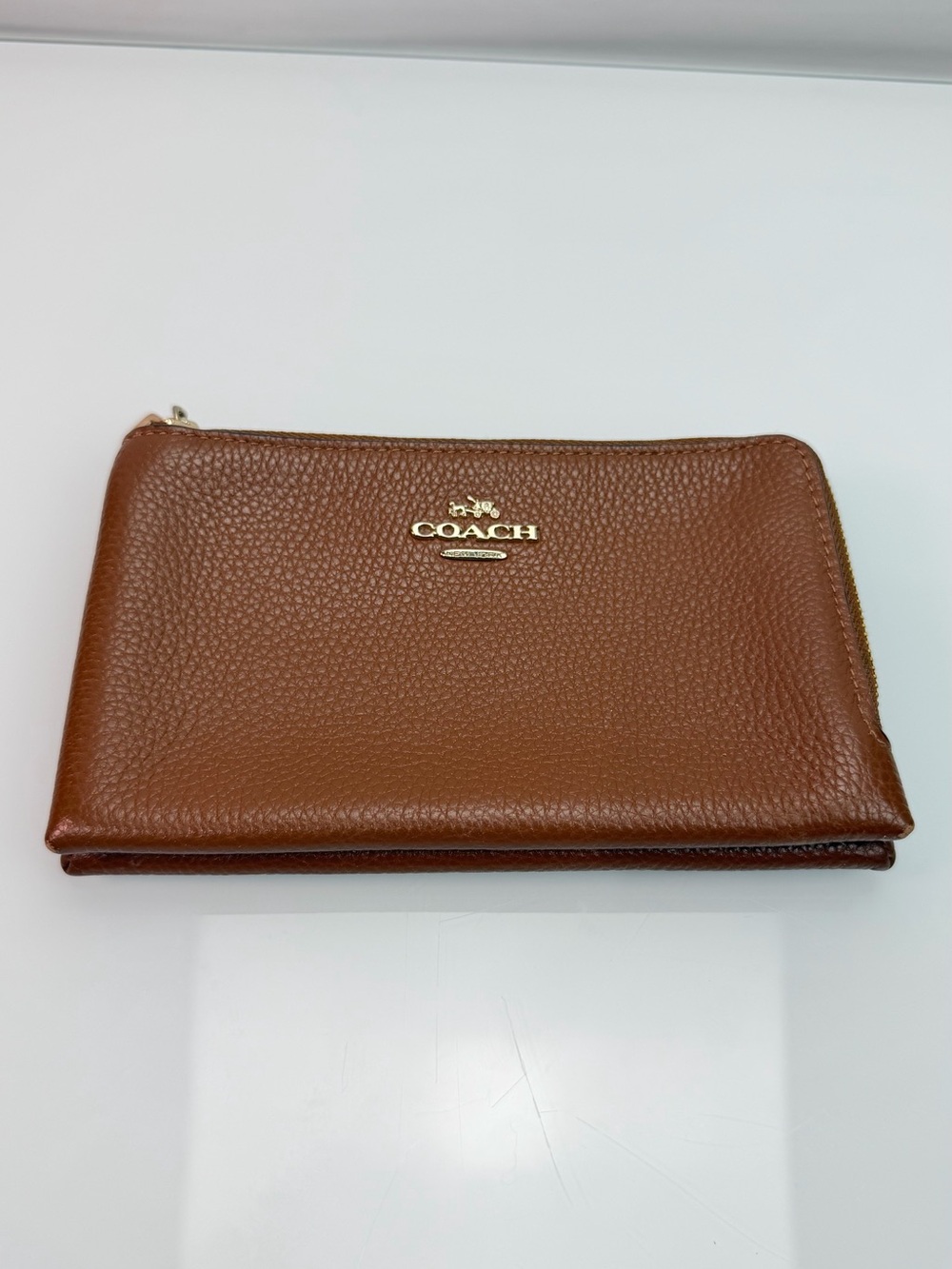 Coach Brown Pebbled Leather Double Zip Wallet No Strap